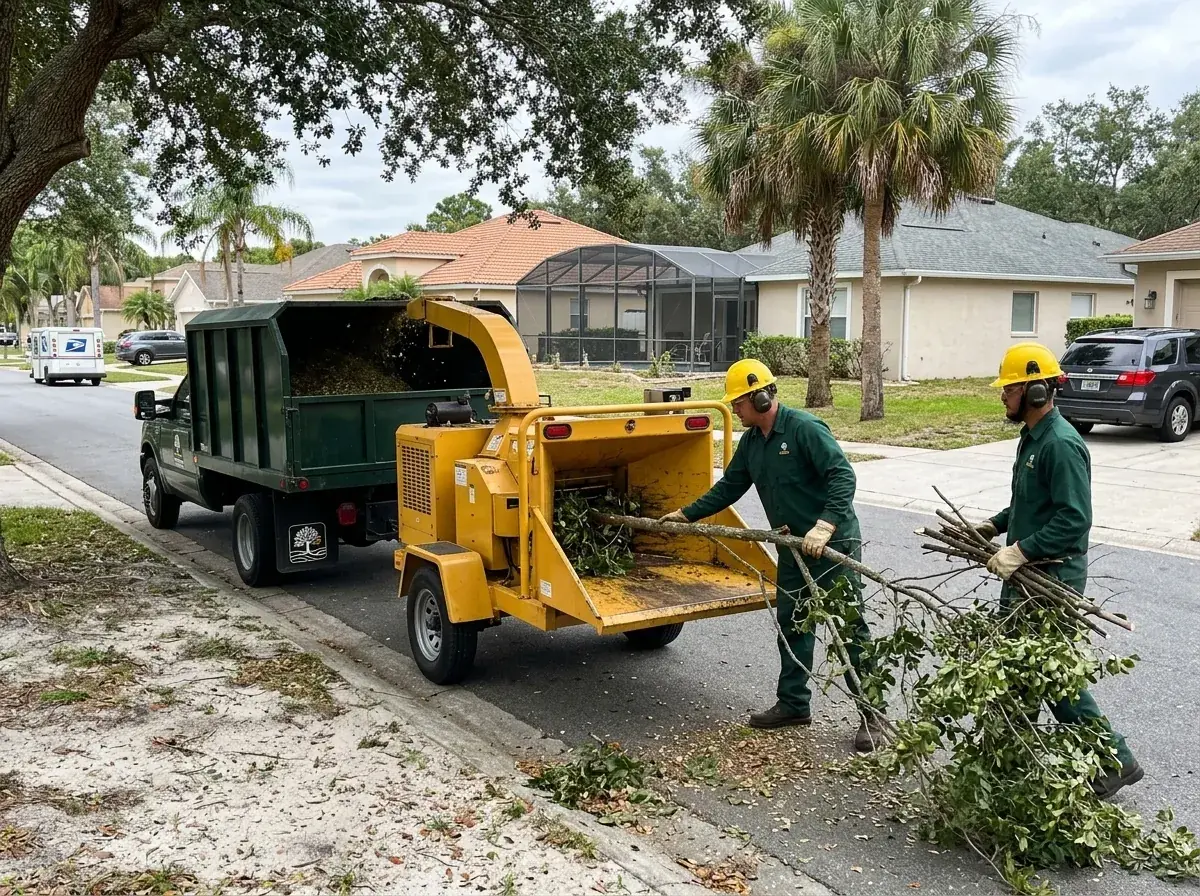Crew feeding brush into a chipper truck parked on a residential Clermont street