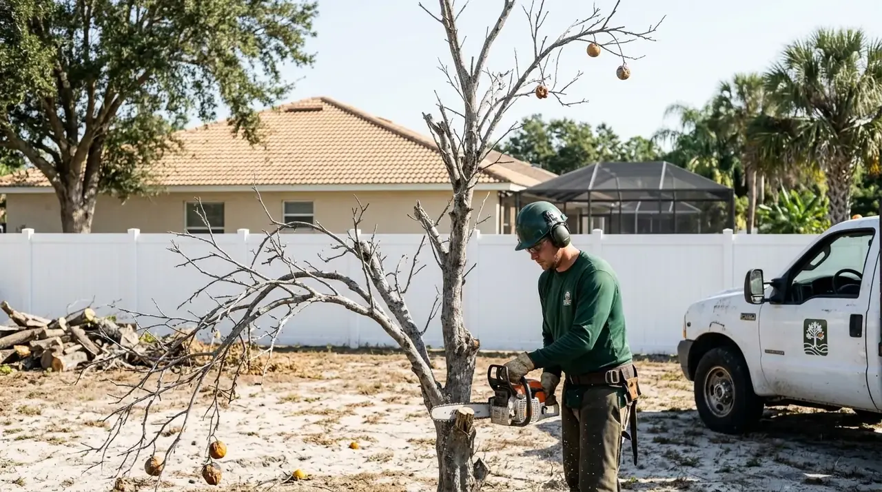 Citrus tree removal in Clermont, FL, cutting a leafless dead orange tree beside a backyard fence