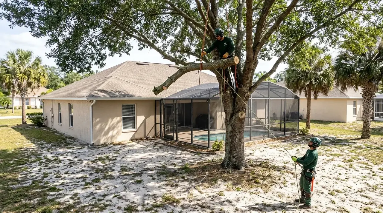 Clermont tree removal crew lowering a laurel oak limb on a rope past a screened pool cage