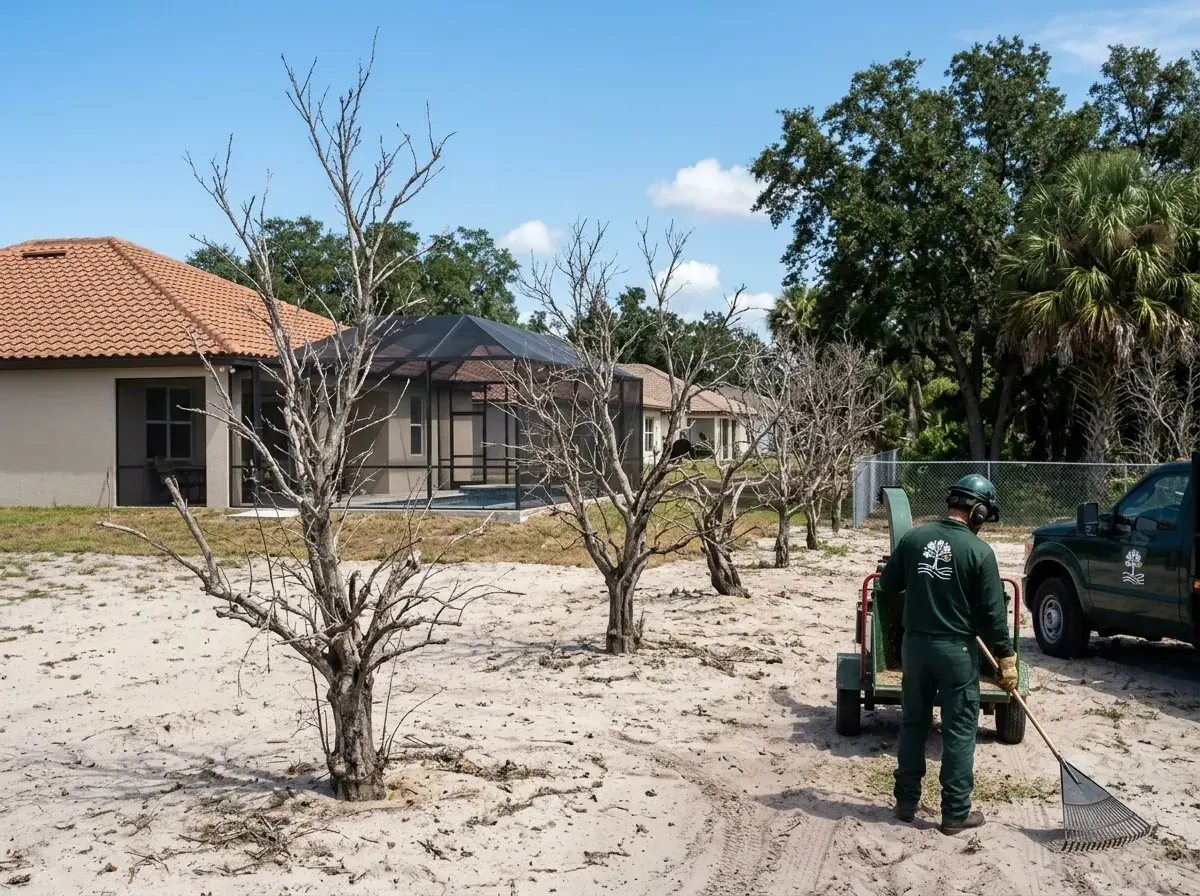 Dead citrus trees from an old grove standing behind a newer home in Clermont, FL