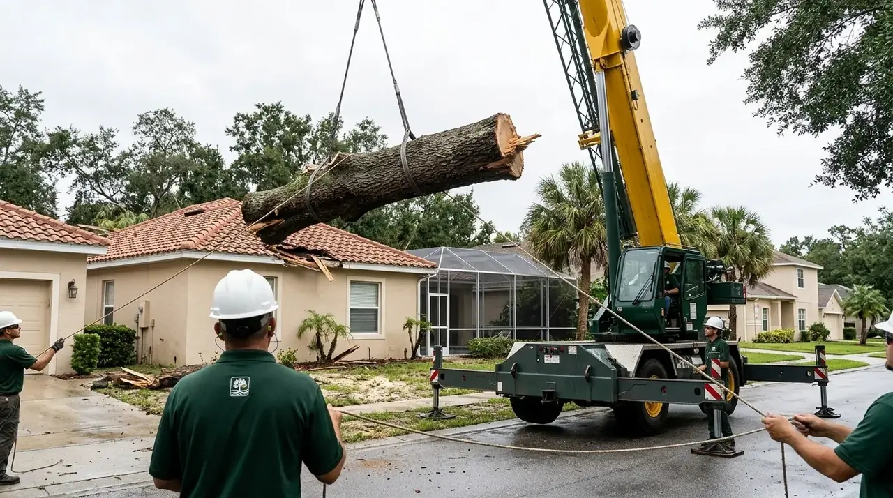 Emergency tree removal in Clermont, FL with a crane lifting a fallen oak trunk off a stucco home's roof