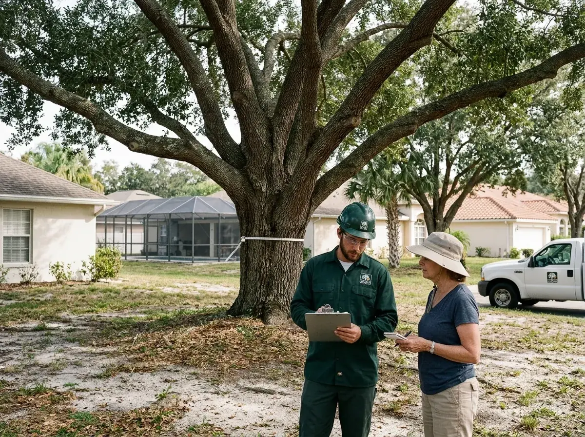 Estimator measuring an oak trunk with a homeowner during a free tree estimate in Clermont