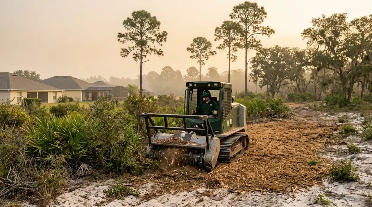 Land clearing in Clermont, FL, a forestry mulcher grinding brush and small oaks on a sandy hillside lot