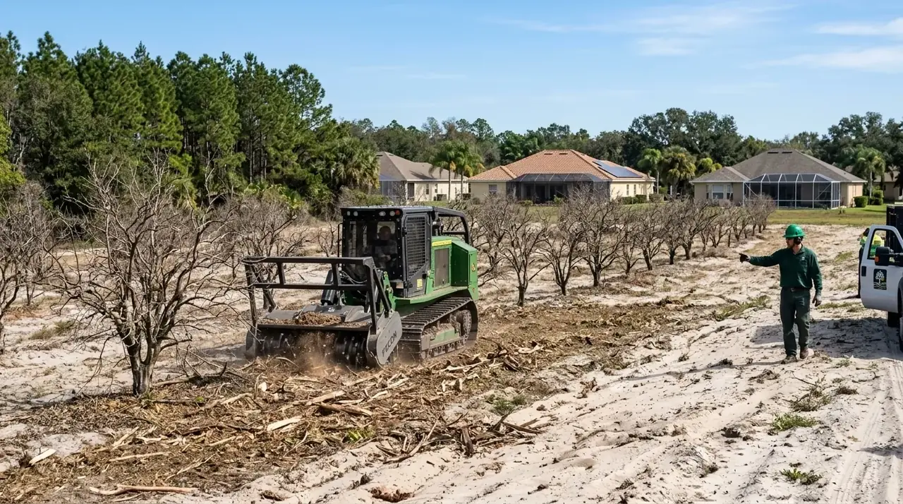 Mulching machine clearing an abandoned orange grove parcel in Lake County, FL