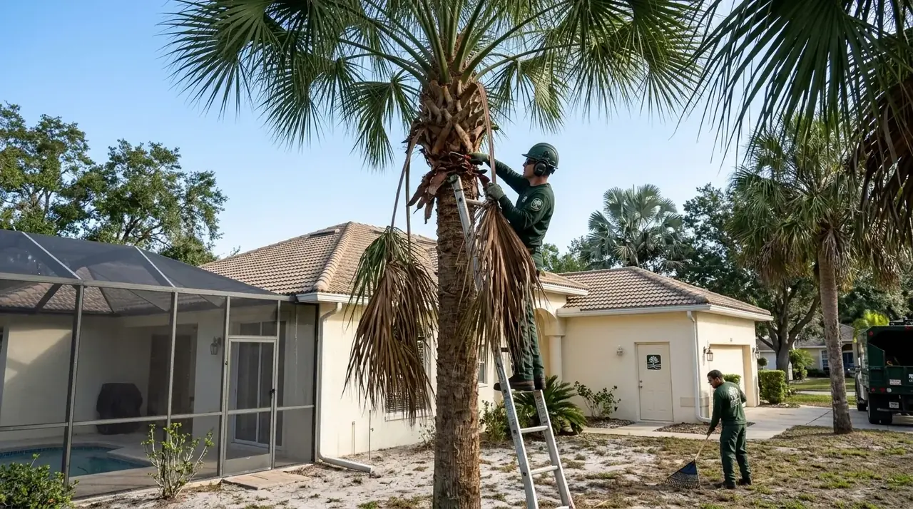 Palm tree trimming in Clermont, FL, removing brown lower fronds from a sabal palm beside a stucco home