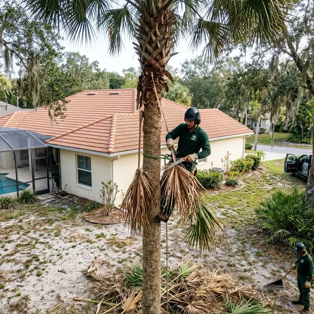 Climber trimming dead fronds from sabal palms at a Winter Garden home