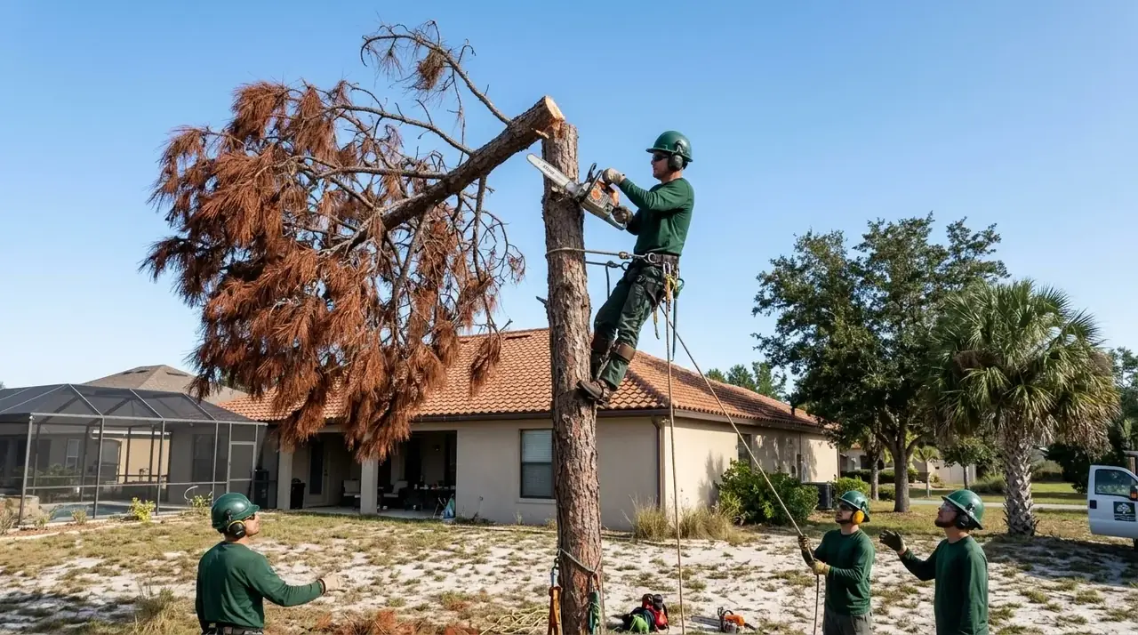 Pine tree removal in Clermont, FL, a climber cutting the top from a dead slash pine with reddish needles