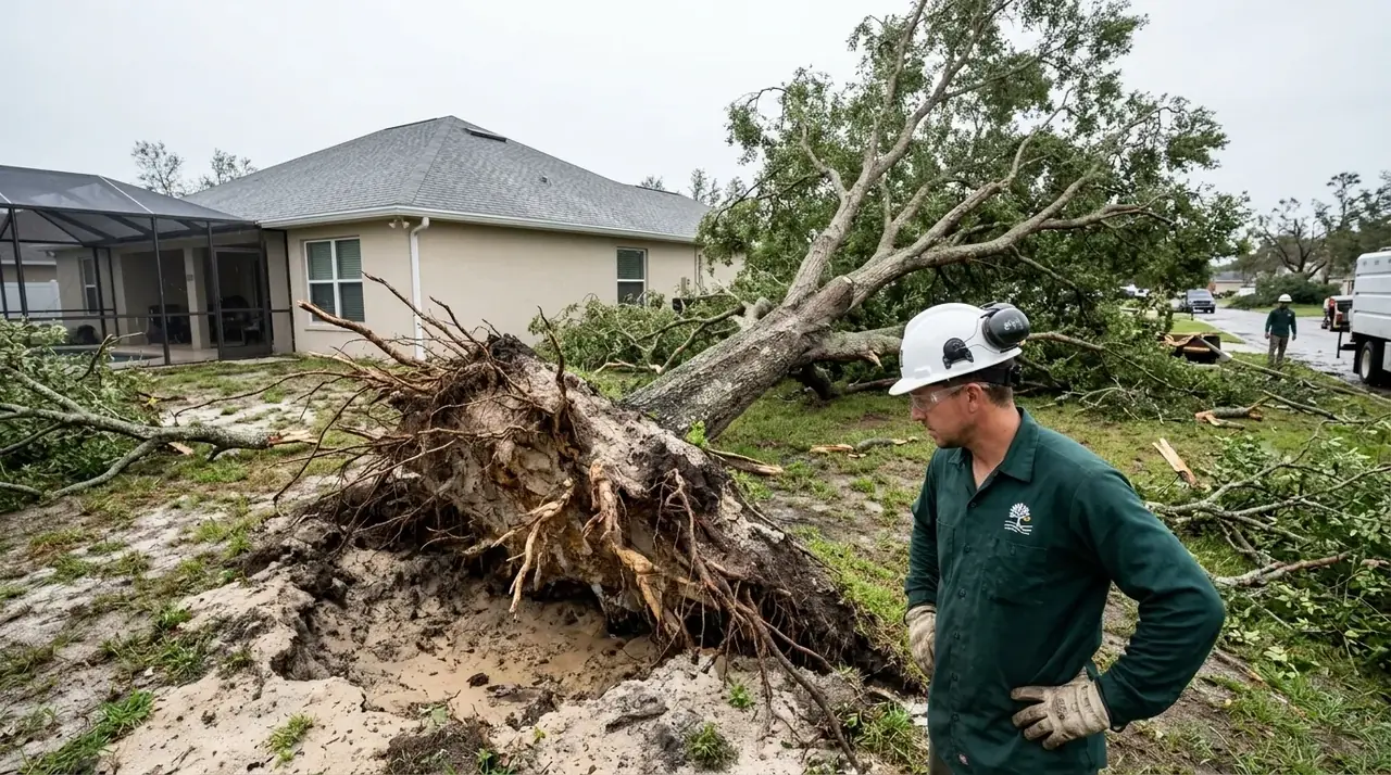 Storm damage cleanup in Clermont, FL with an uprooted oak showing its root plate pulled out of sandy soil