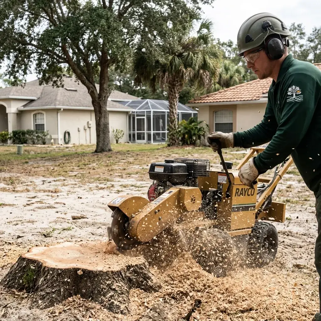 Stump grinder working a fresh oak stump in a sandy front yard in Minneola, FL