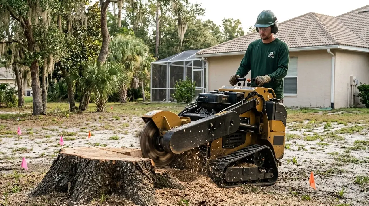 Stump grinding in Clermont, FL, a compact grinder working an oak stump down into a sandy backyard