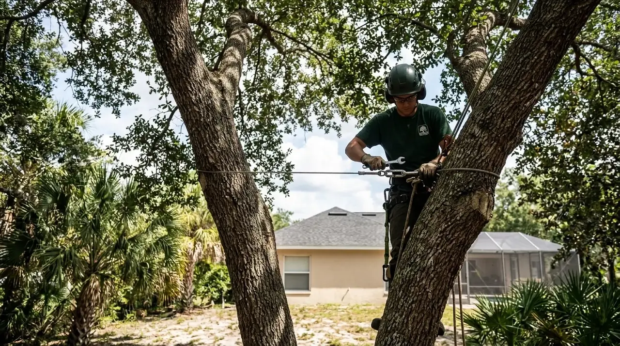 Tree cabling in Clermont, FL, a steel support cable installed between the two upper trunks of a live oak