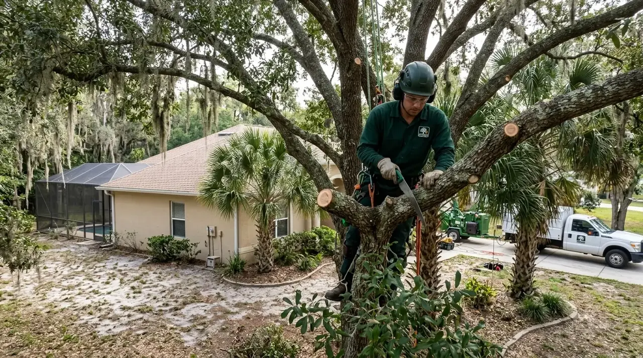 Tree trimming in Clermont, FL with a climber making a clean pruning cut on a live oak limb